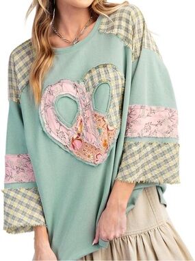 EASEL Sage Patchwork Heart Bell Sleeve Raw Hems Sweatshirt Top